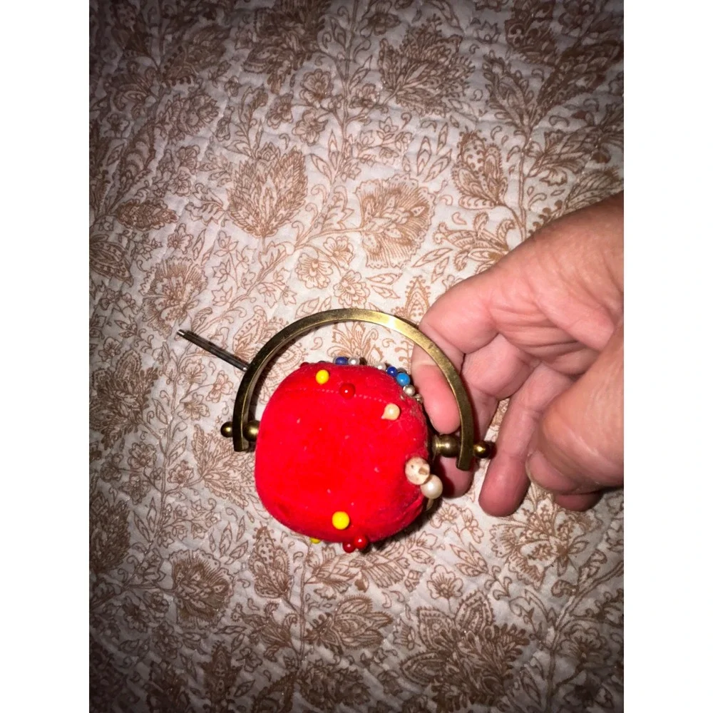 Vintage Red Tomato Pin Cushion Brass Swivel Frame Sewing Notion with Pins